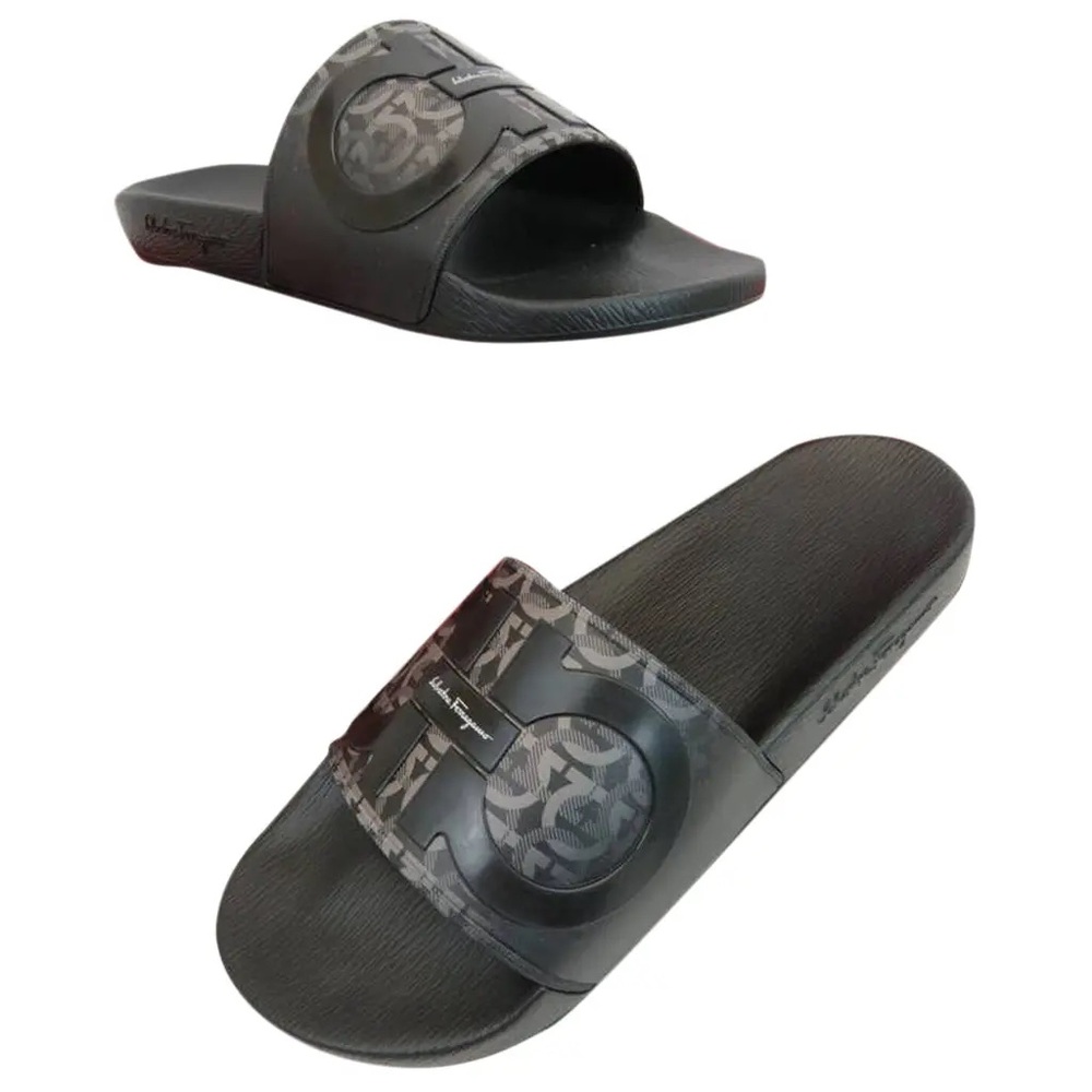 Salvatore Ferragamo Black Embossed Slides